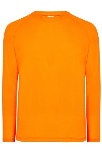 Męska koszulka kolor- Orange Fluor JHK T-SHIRT SPORT MAN LS z długim  raglanowymi rękawami i ozdobnymi przeszyciami w dolnej części rękawa, szyi i ramion.Gramatura ok.130 g/m2approx.100% Poliestru z recyklingu.Dostępne na www.koszulkisuper.com