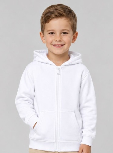 Dziecięca biała bluza rozpinana z kapturem JHK na modelu..jpg