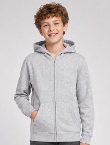 Dziecięca jasnoszara bluza rozpinana z kapturem JHK na modelu..jpg