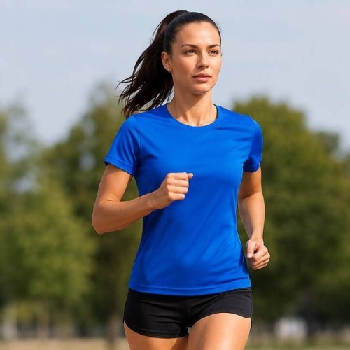 Koszulka Damska sportowa z krótkim rękawem JHK - na modelce, niebieska.