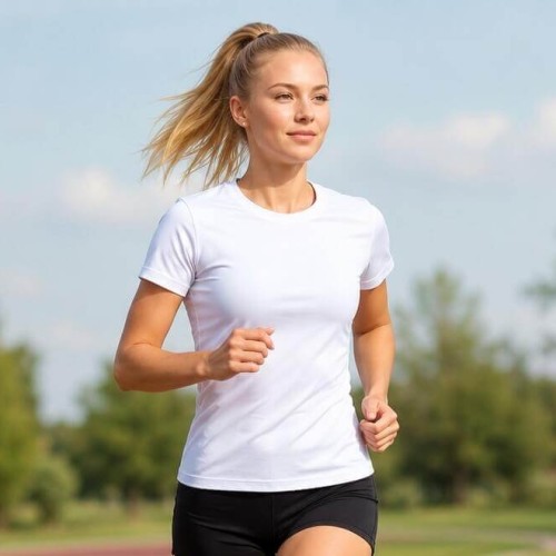 Koszulka Damska sportowa z krótkim rękawem JHK- na modelce, biała