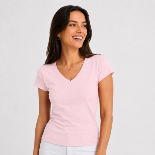 Koszulka damska bawełniana V-Neck JHK –na modelce, różowa.jpg