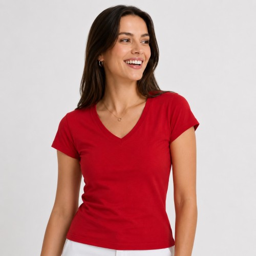Koszulka damska bawełniana V-Neck JHK –na modelce, czerwona..jpg