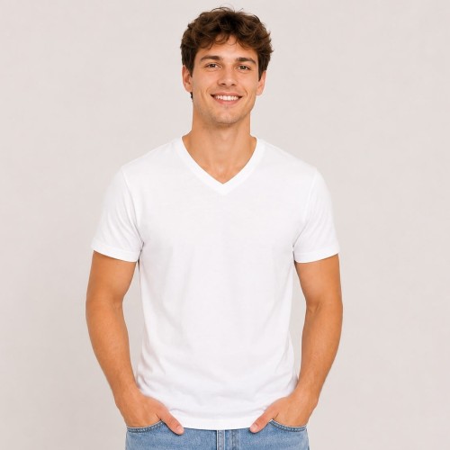 Mężczyzna w białej bawełnianej koszulce z krótkim rękawem V-neck JHK