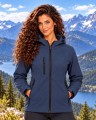 Damska kurtka softshell 3-warstwowa z kapturem – granatowa, na modelce