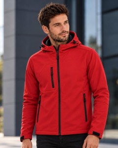 Męska kurtka softshell z kapturem 3-warstwowa - czerwona