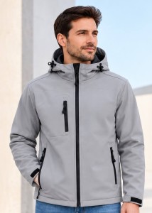 Męska kurtka softshell z kapturem 3-warstwowa - jasnoszara