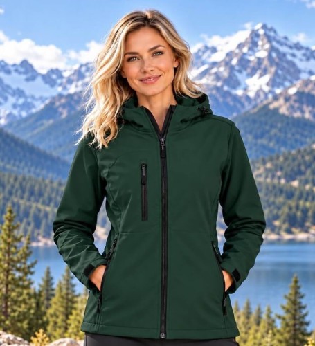 Damska kurtka softshell 3-warstwowa z kapturem – leśna zieleń, na modelu