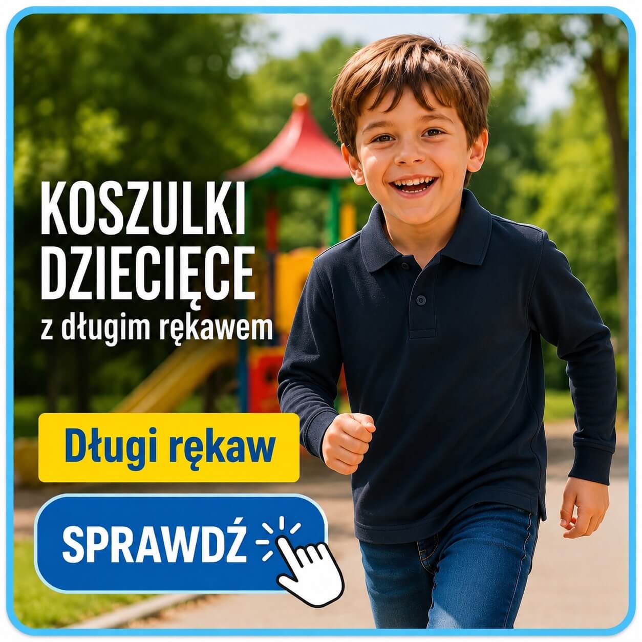 Chłopiec w koszulce dziecięcej polo z długim rękawem polo JHK PKID 200 LS NY granatowa. Zdjęcie prowadzi do kategorii koszulek dziecięcych polo z dł. rękawem JHK PKID 210 LS