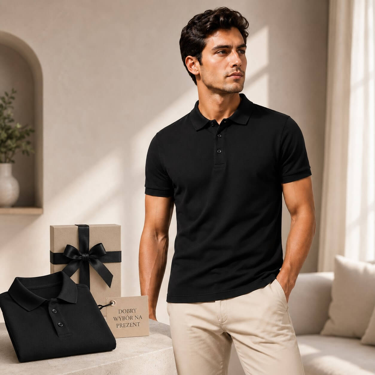 Czarna męska koszulka polo premium z elastanem JHK na modelu – pomysł na prezent