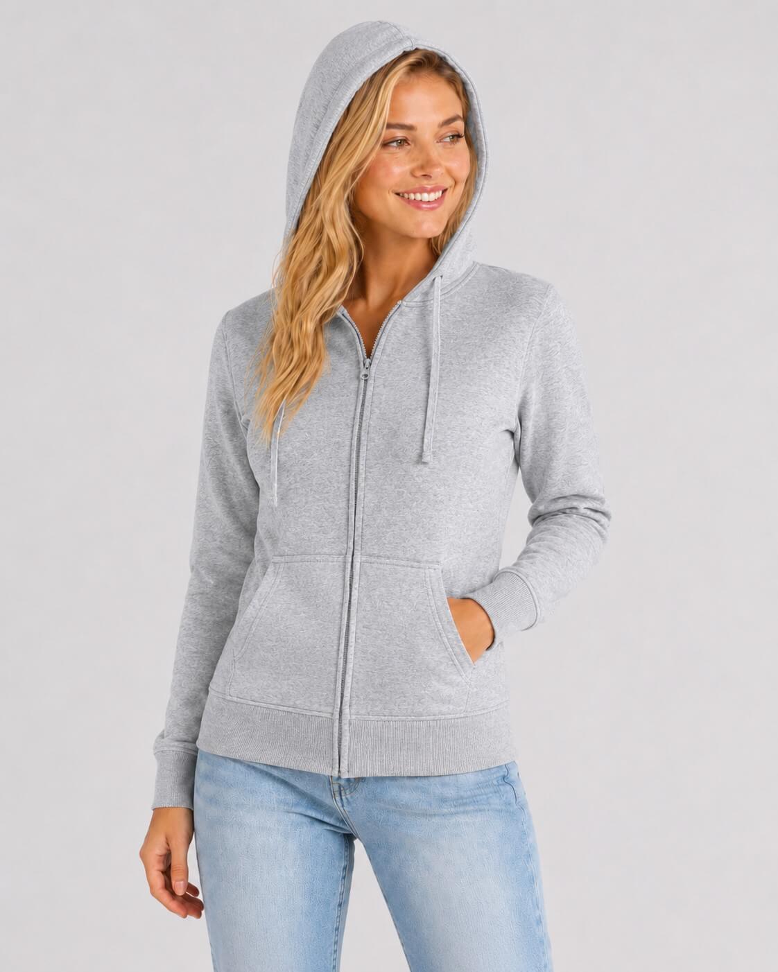 Damska bluza rozpinana z kapturem JHK szary melanż na blond modelce