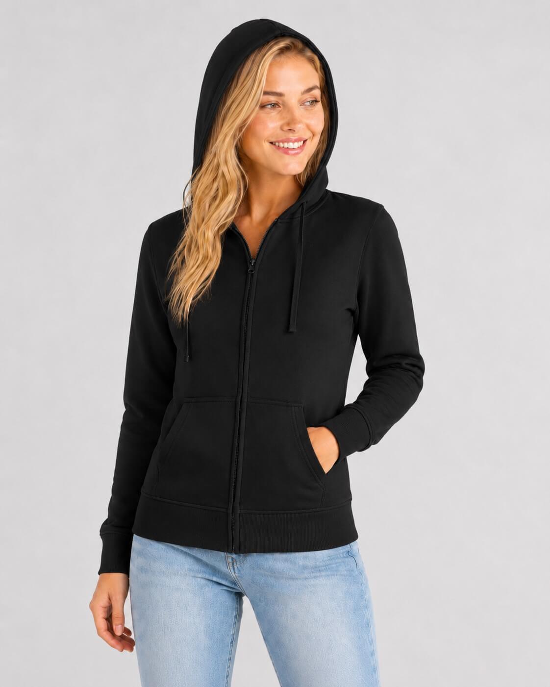 Damska czarna bluza rozpinana z kapturem JHK na blond modelce