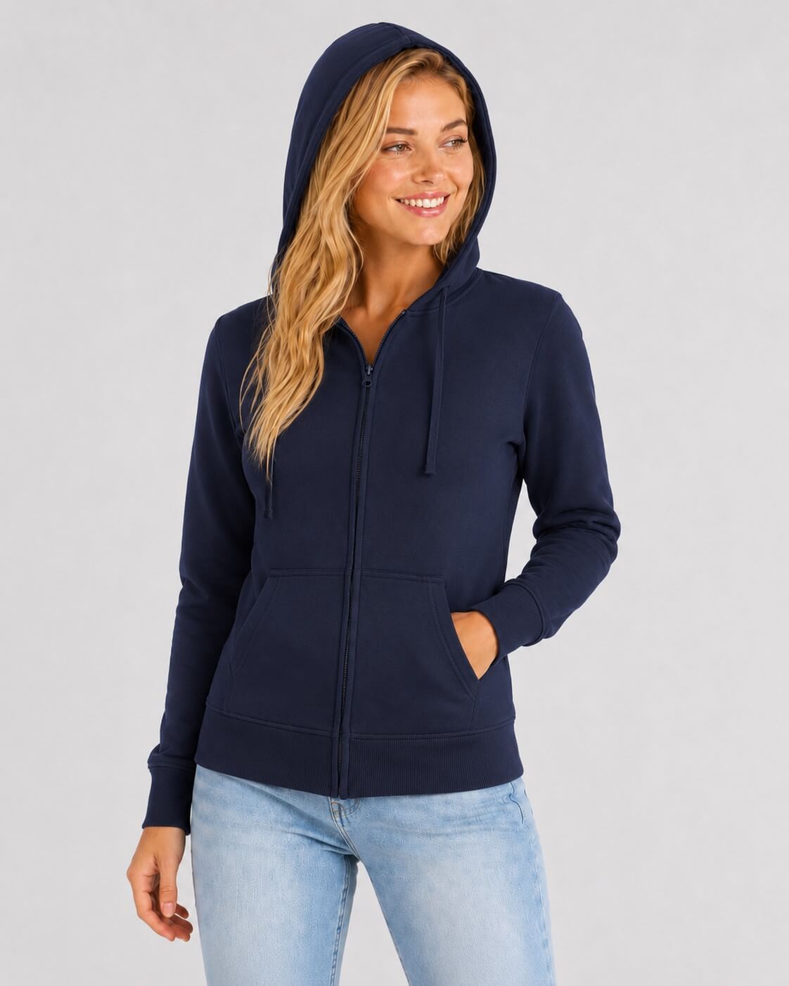 Damska granatowa bluza rozpinana z kapturem JHK na blond modelce
