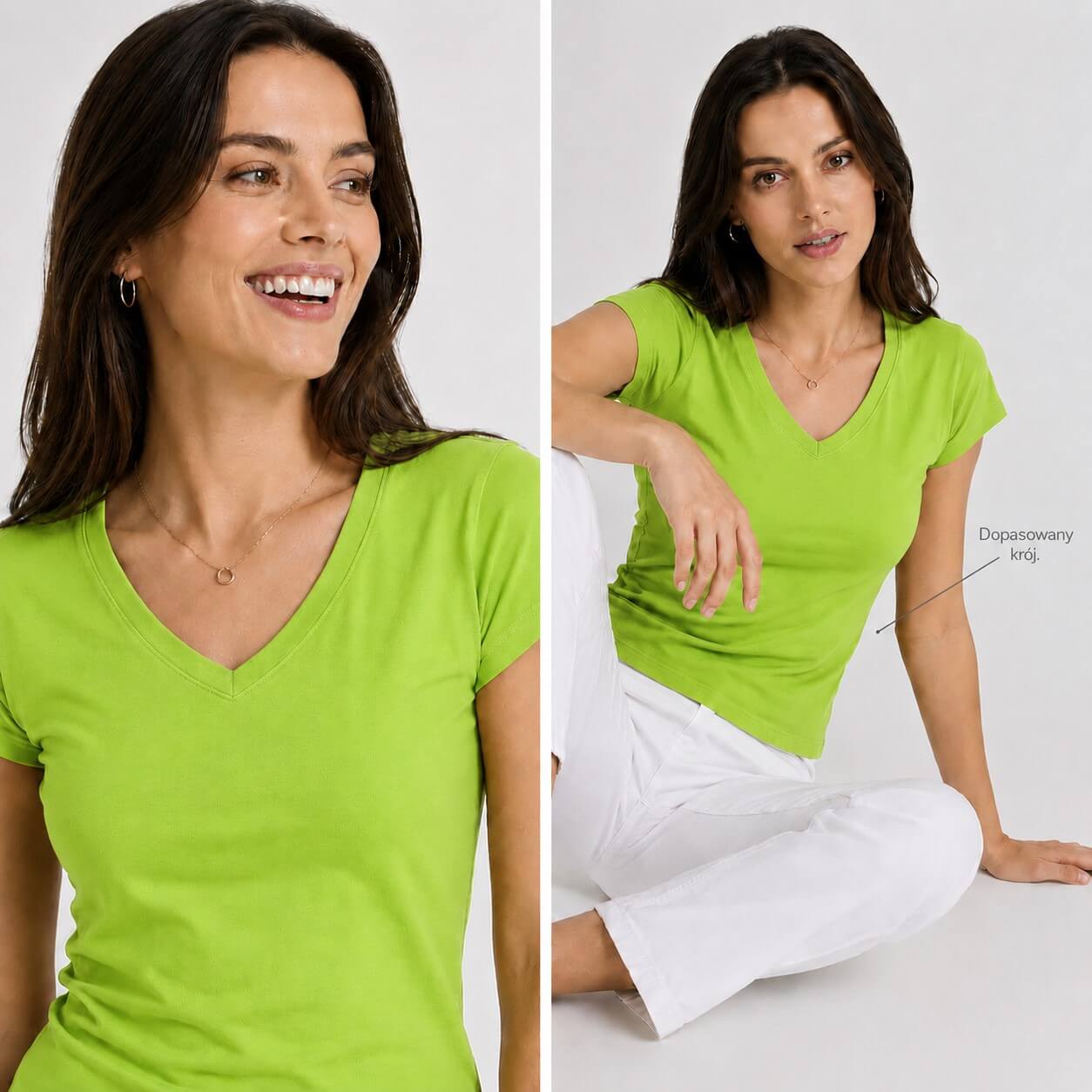 Damska koszulka V-Neck JHK w kolorze limonkowym na modelce.