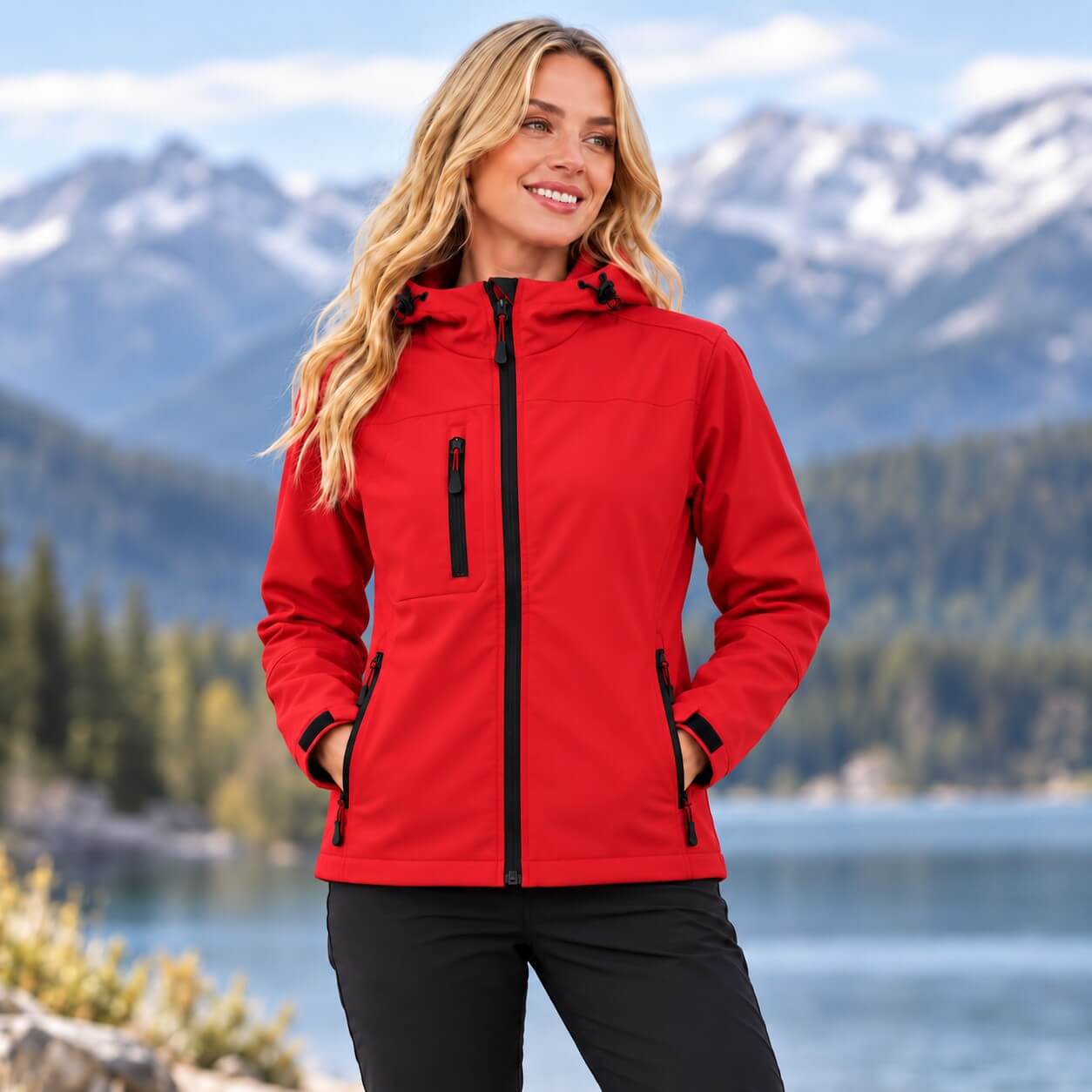 Damska kurtka softshell z kapturem 3-warstwowa – czerwona, na modelce