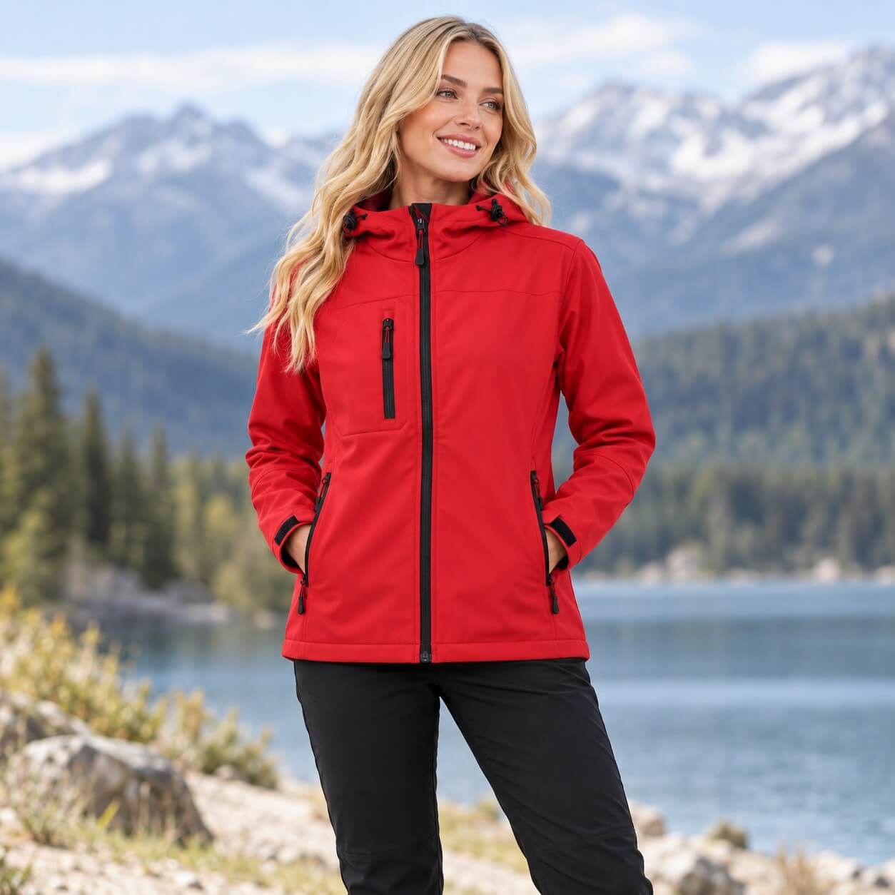 Damska kurtka softshell z kapturem 3-warstwowa – czerwona, na modelce