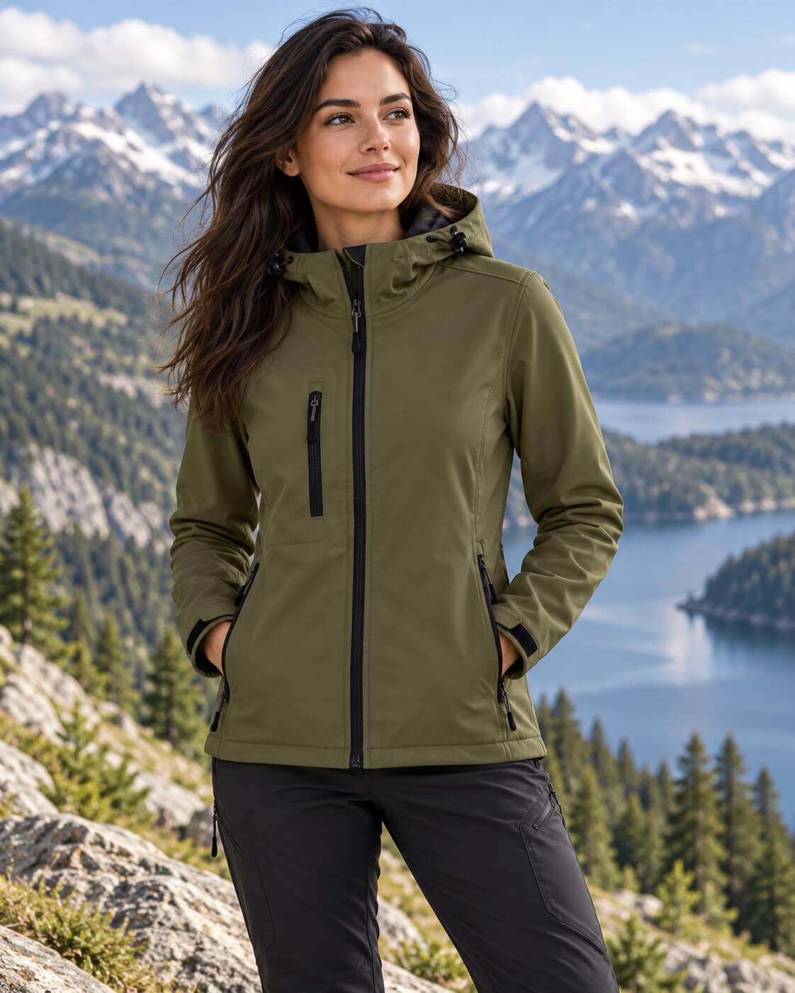 Damska kurtka softshell z kapturem 3-warstwowa – khaki, na modelce