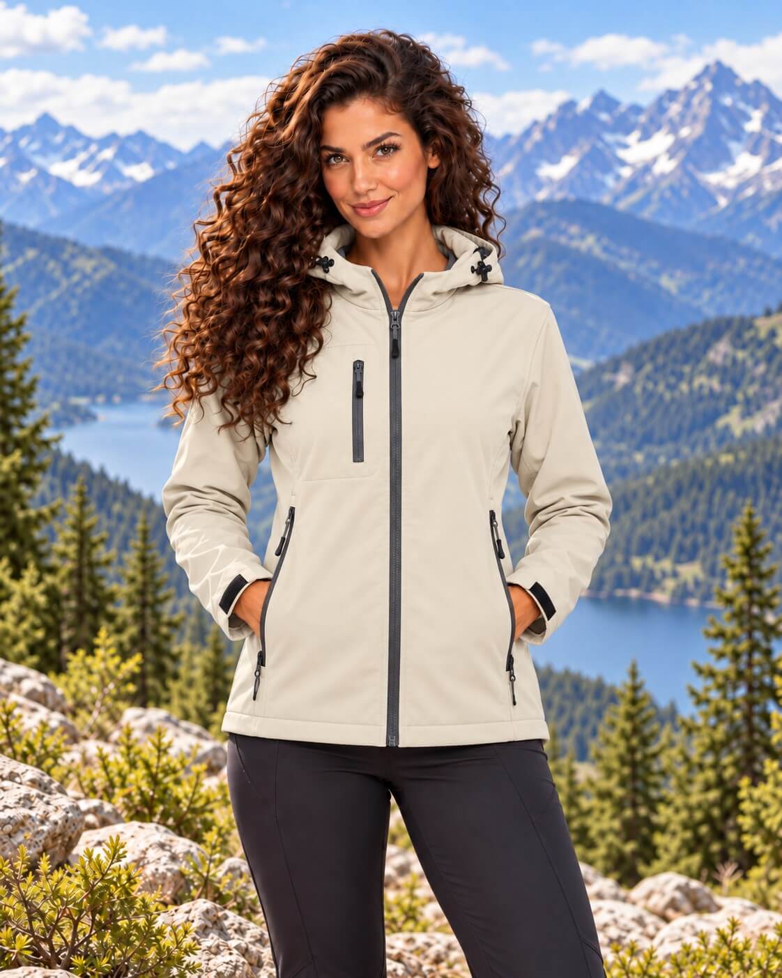 Damska kurtka softshell z kapturem 3-warstwowa – kremowa, na modelce