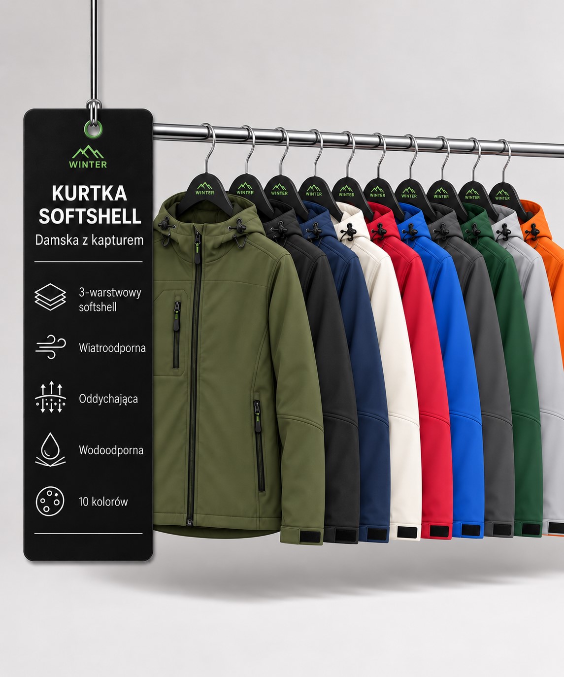 Damska kurtka softshell z kapturem 3-warstwowa w kolorach na wieszaku