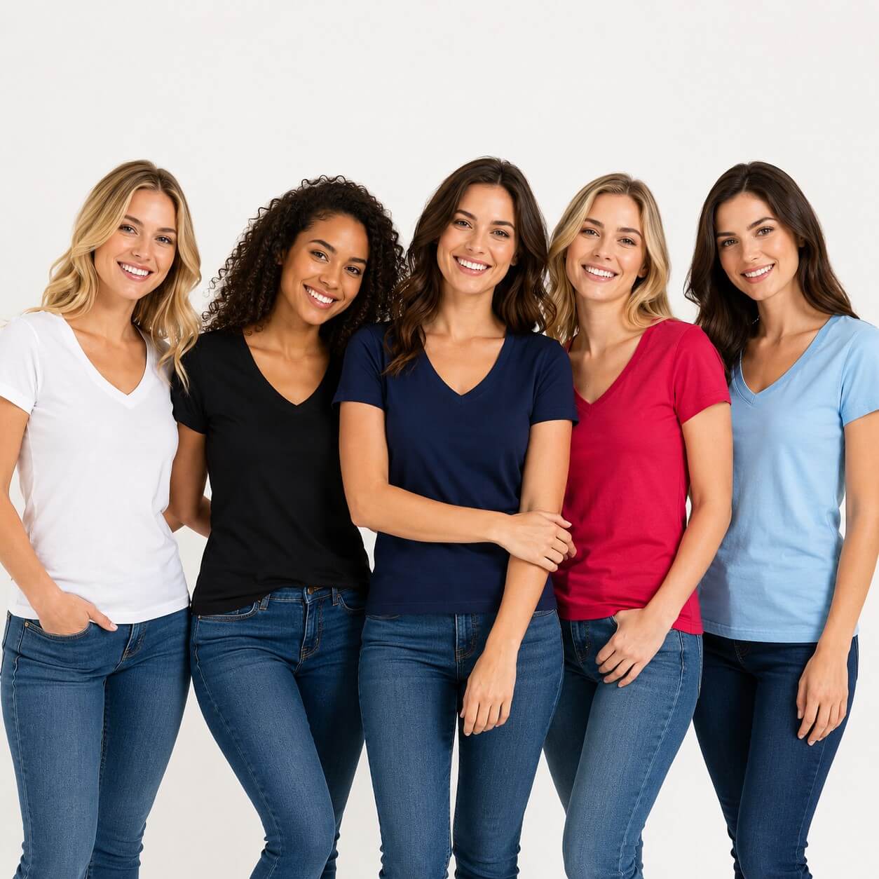Damskie T-shirty z dekoltem V w różnych kolorach na modelkach