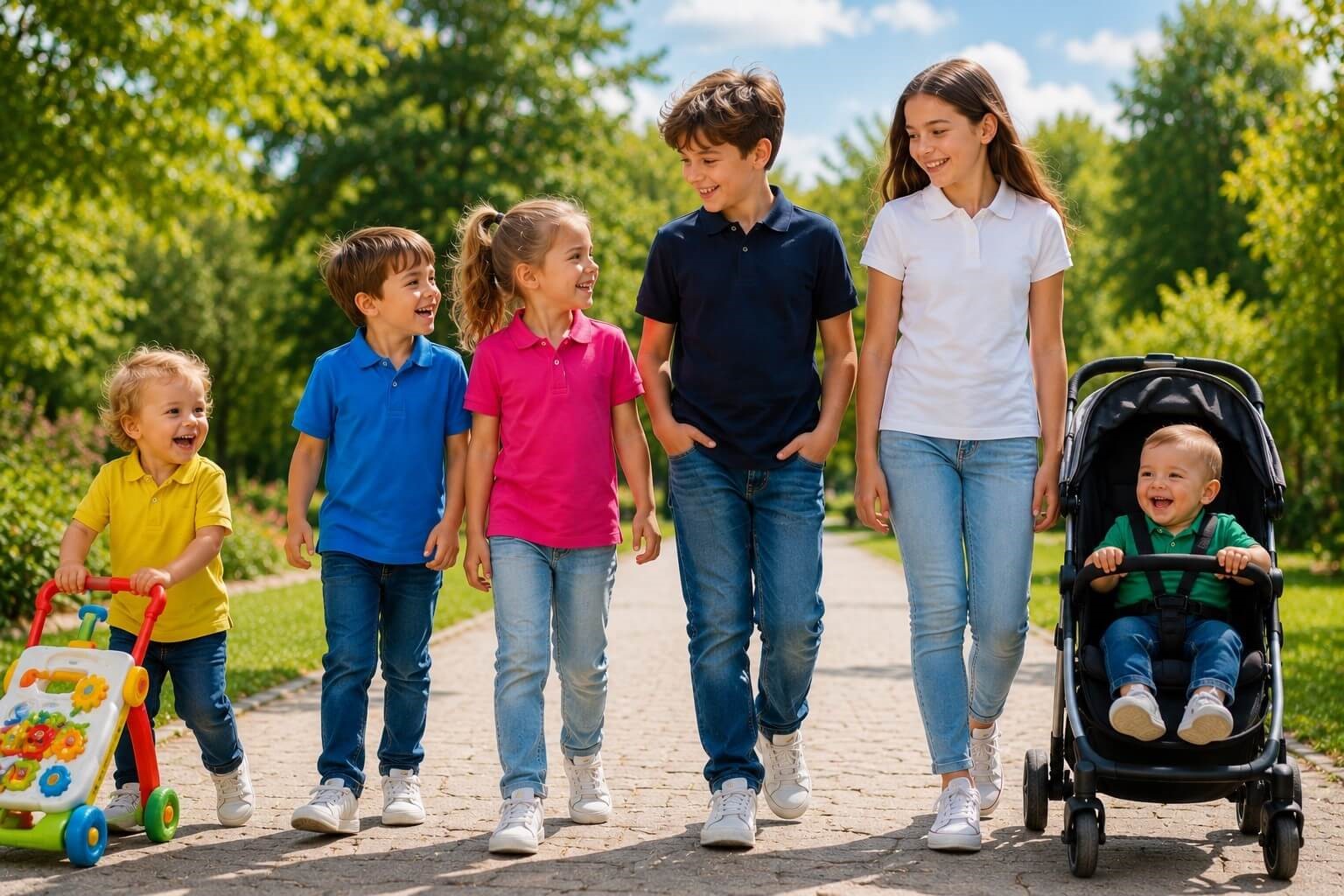 Dzieci ubrane w koszulki dziecięce polo z krótkim rękawem JHK PKID 210 w wieku od ok.5 – 7 lat  w kolorach niebieski, fuksja, granat, biały, czerwony, orange, zielony.