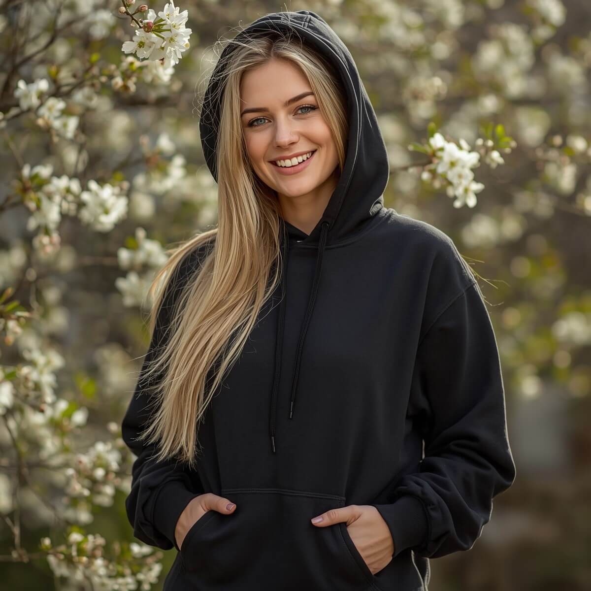 Dziewczyna o długich blond włosach ubrana w bluzę damską z kapturem na głowie JHK SWUL KNG BK z widokiem na kwitące drzewa wiśni.Dostępne na koszulkisuper.com