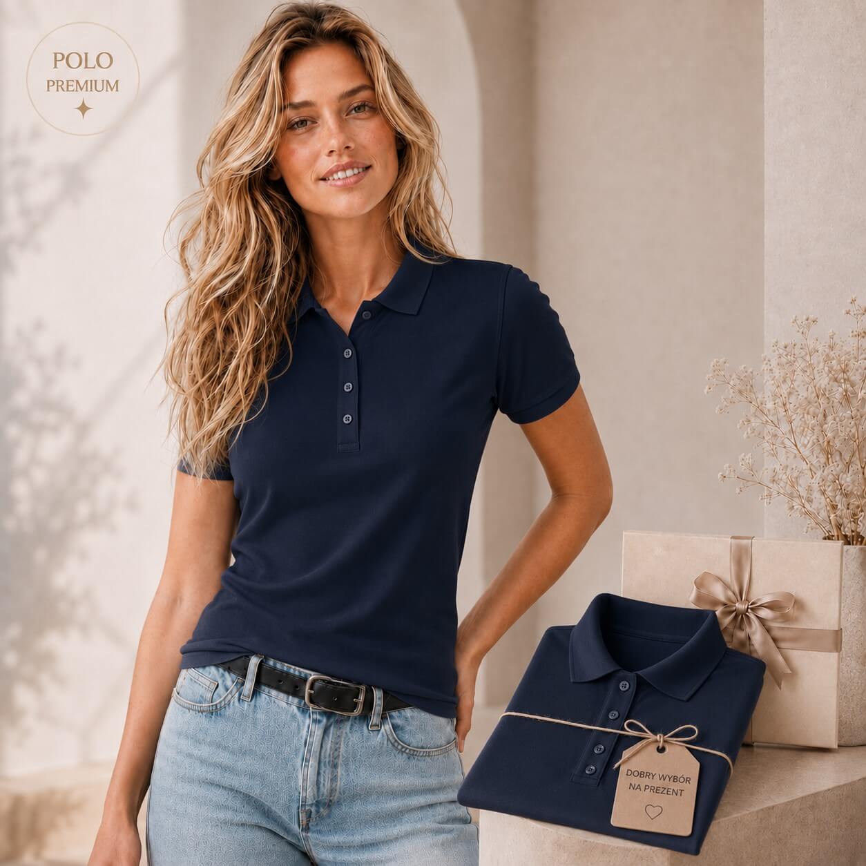Granatowa damska koszulka polo premium z elastanem JHK na modelce – pomysł na prezent