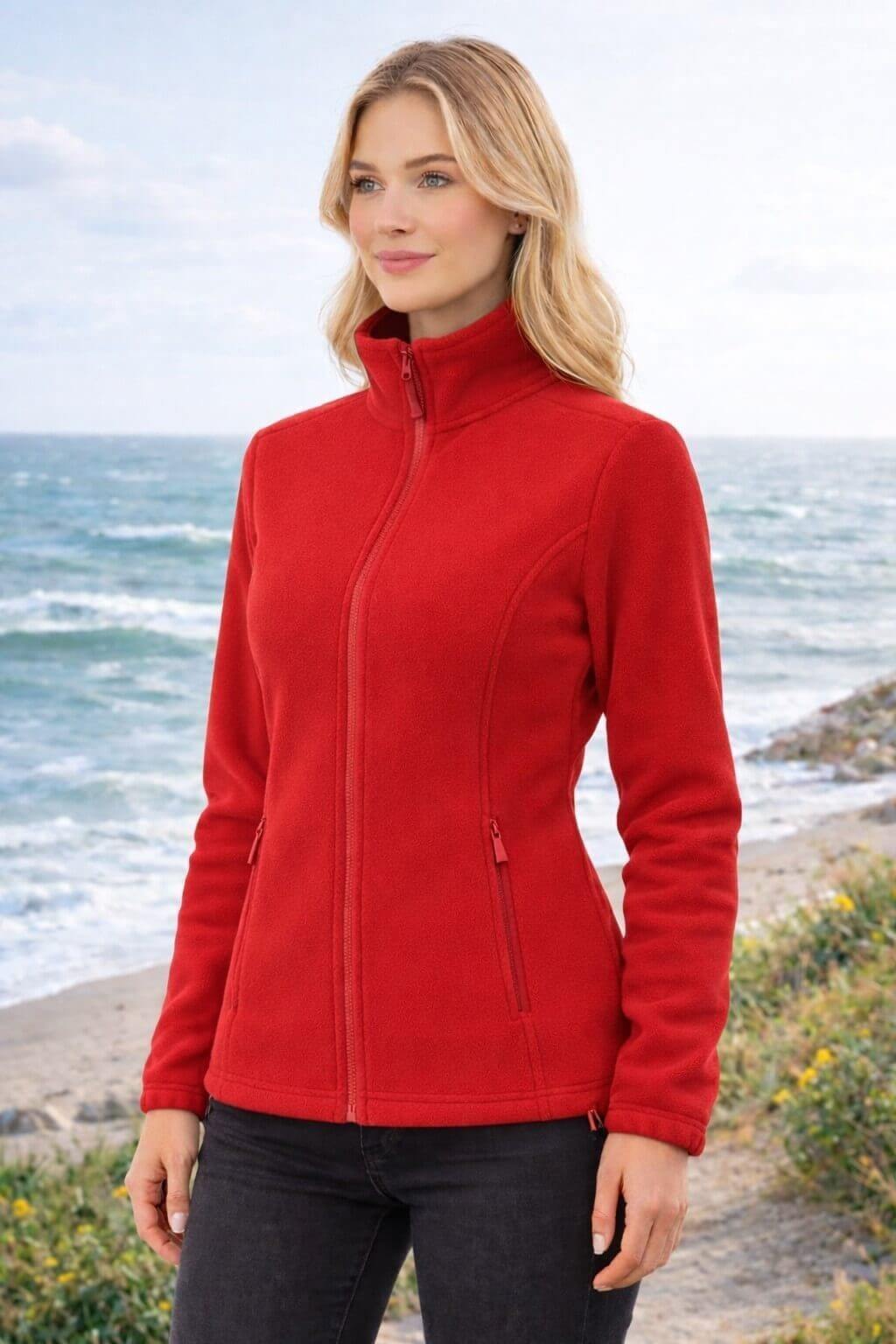 Kobieta o długich blond włosach ubrana w Ciepły polar damski JHK- czerwony. Bluza polar dostępna na www.koszulkisuper.com