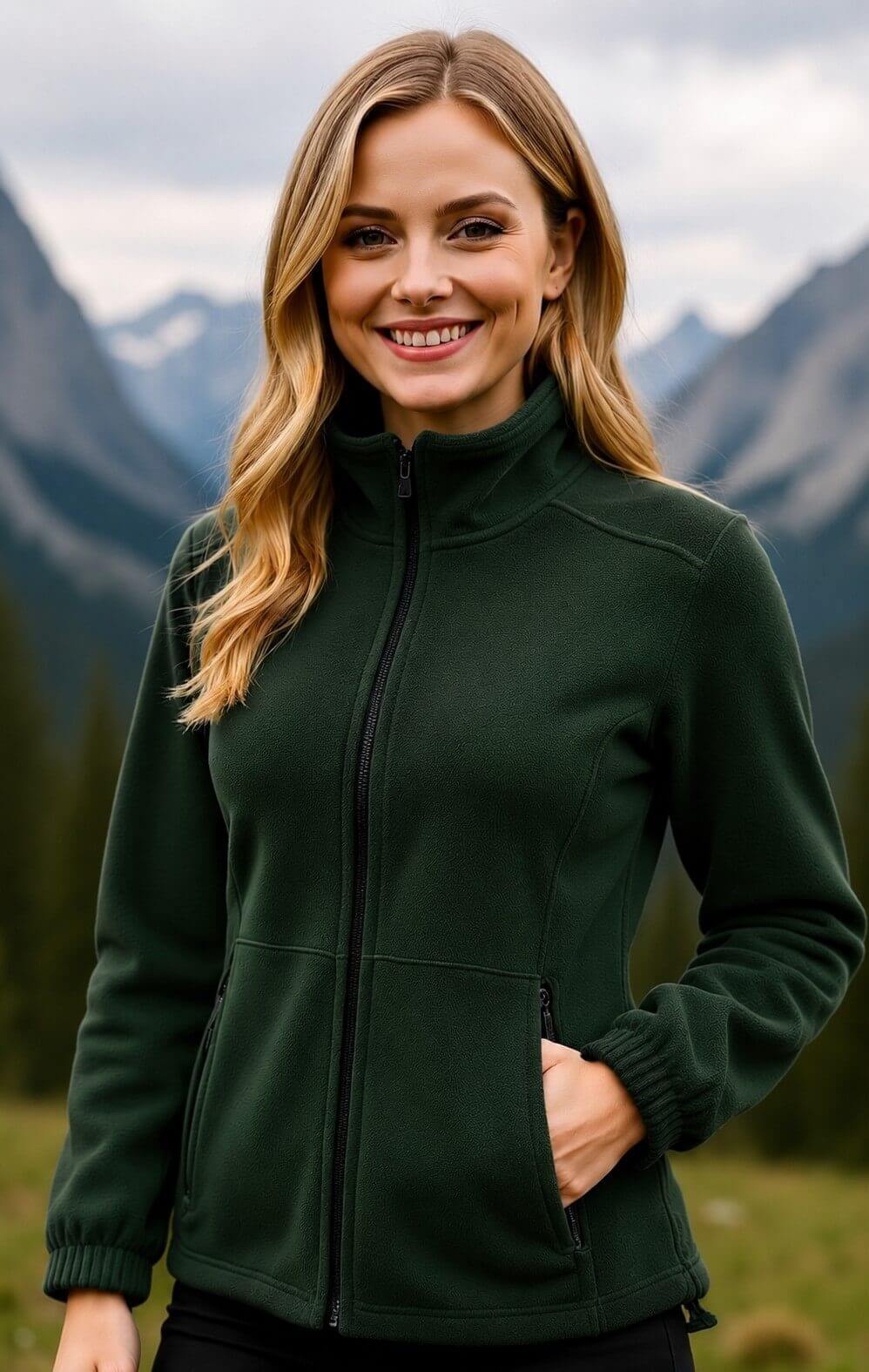 Kobieta o długich blond włosach ubrana w Ciepły polar damski JHK- butelkowa zieleń. Bluza polar dostępna na www.koszulkisuper.com