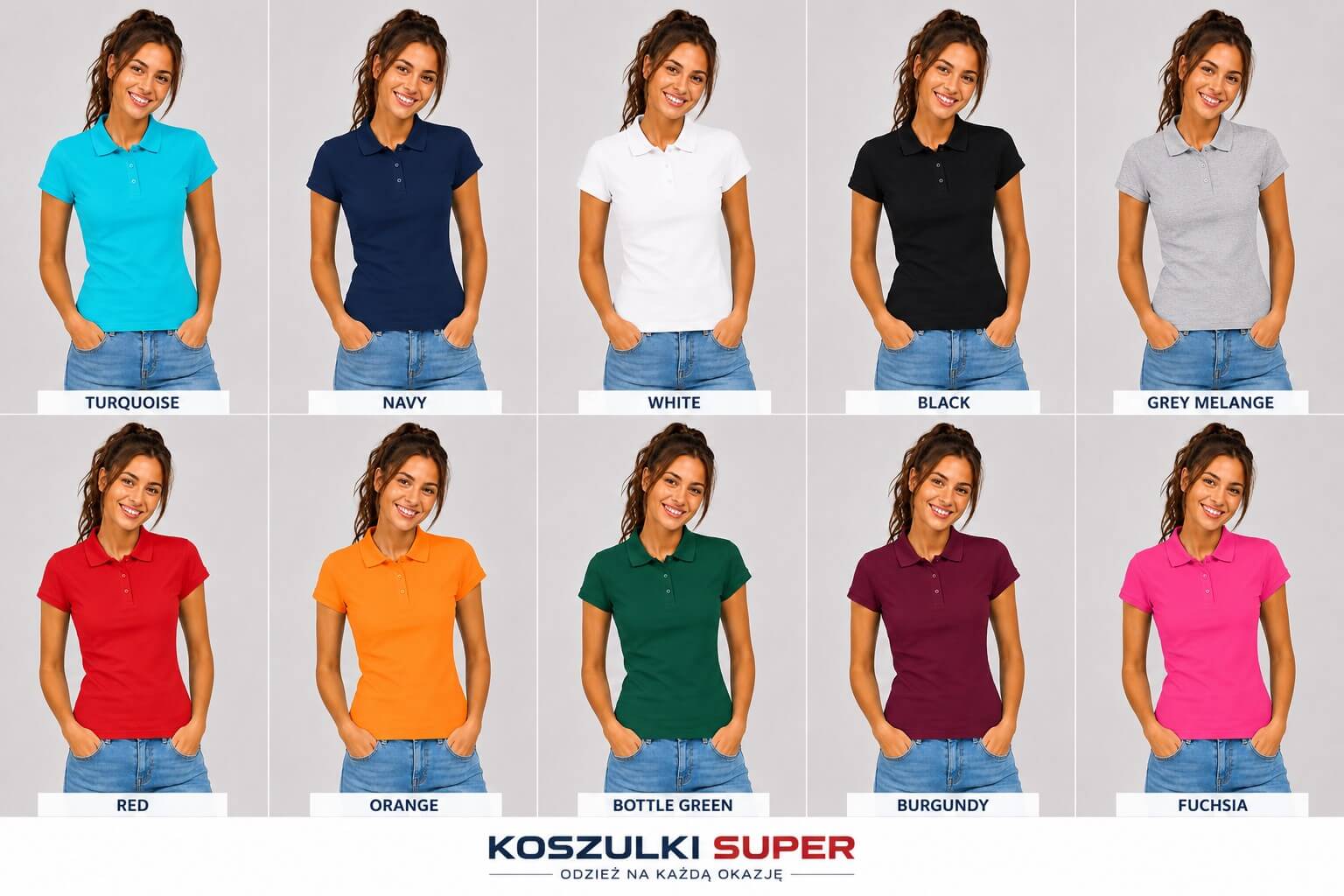 Kobieta ubrana w koszulkę damską polo JHK POPL 200 w kolorach czanym, białym, granatowym, czerwonym  i bordo. Koszulki dostępne na koszulkisuper