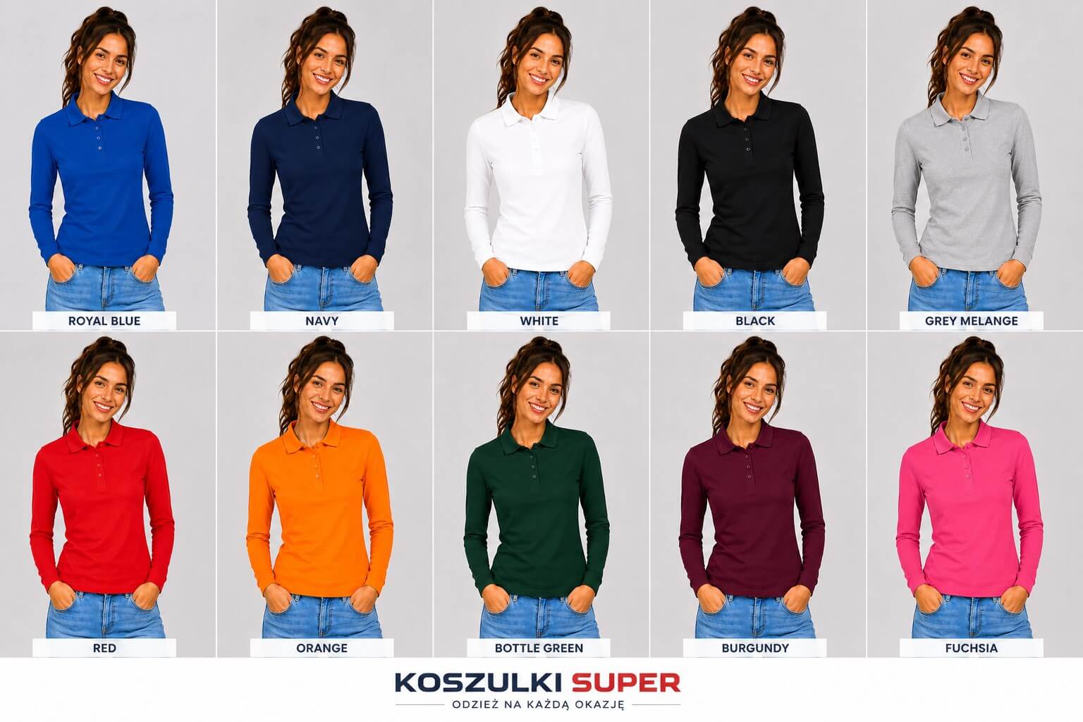 Kobieta ubrana w koszulkę damską polo z długim rękawem JHK POPL 200 LS w kolorze  niebieskim, granat, czarnym, białym, czerwonym, orange, zielonym, bordo,fuksja.