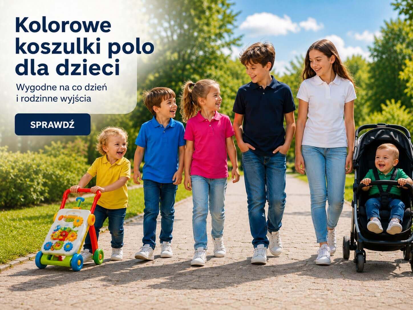 Kolorowe koszulki polo dla dzieci JHK – chłopcy i dziewczynki na spacerze