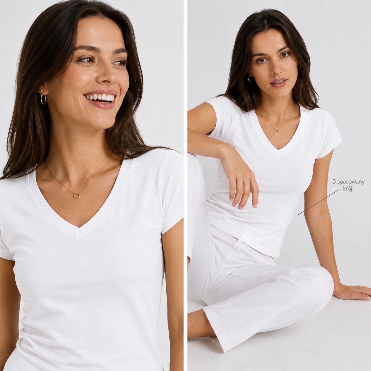 Koszulka damska bawełniana V-Neck JHK –na modelce, biała.