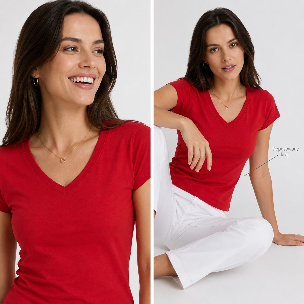 Koszulka damska bawełniana V-Neck JHK –na modelce, czerwona