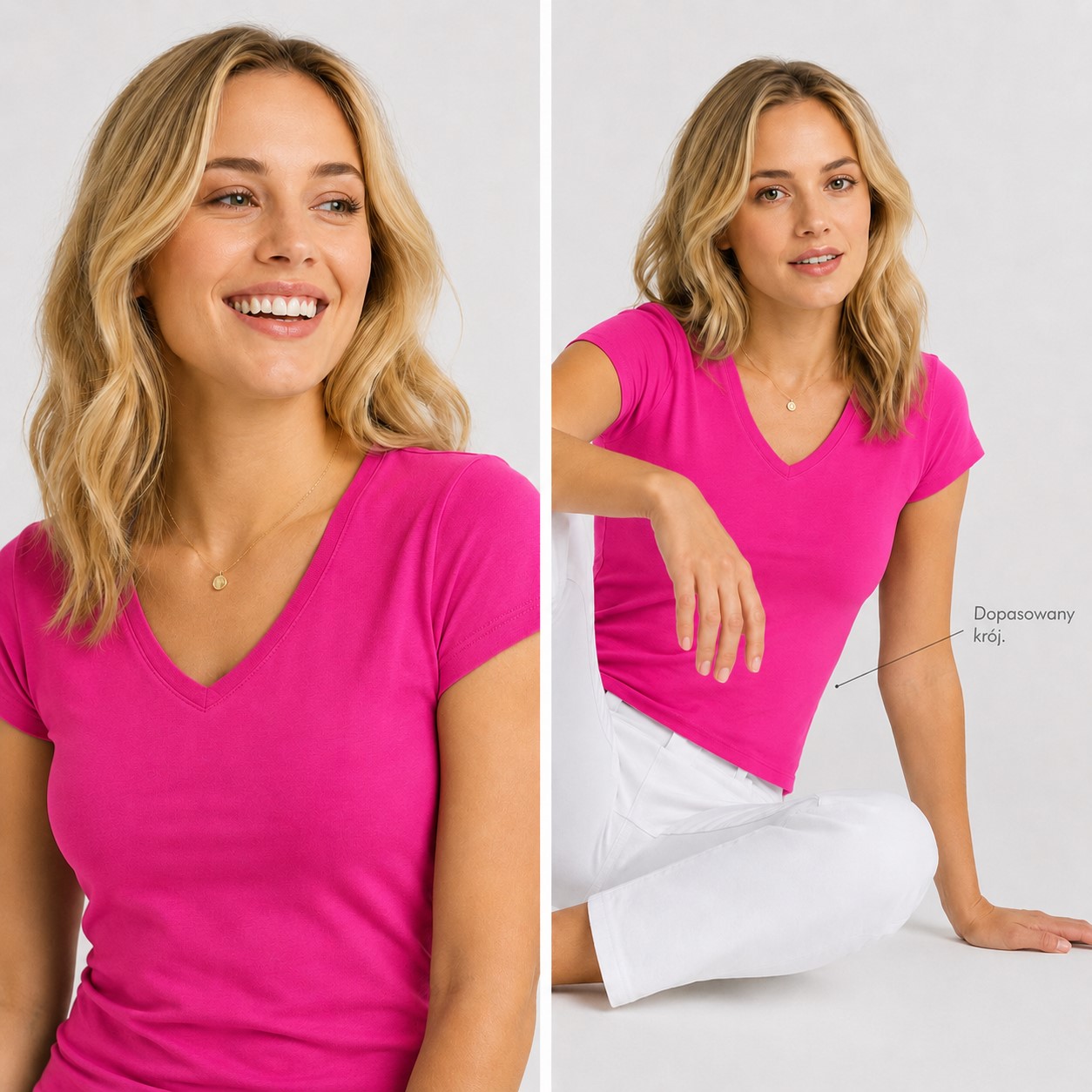 Koszulka damska bawełniana V-Neck JHK –na modelce, fuksja.