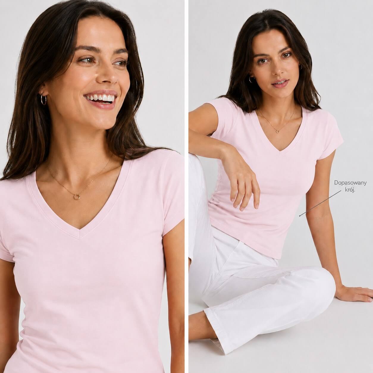 Koszulka damska bawełniana V-Neck JHK –na modelce, różowa. (1)