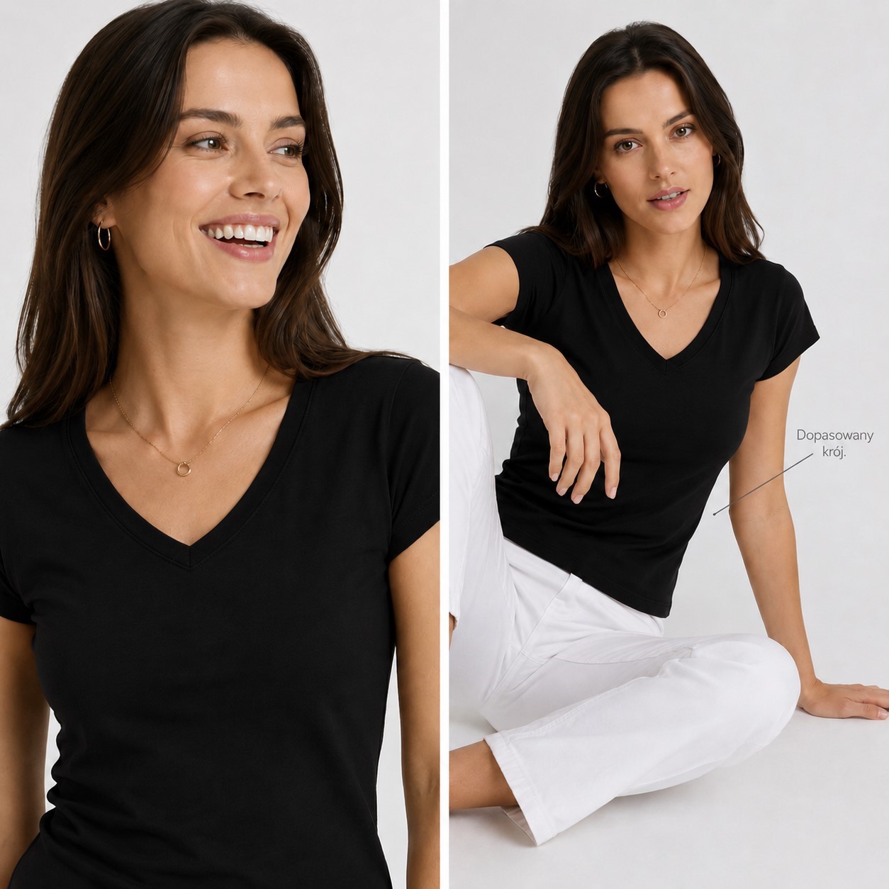 Koszulka damska bawełniana V-Neck JHK -na modelce, czarna