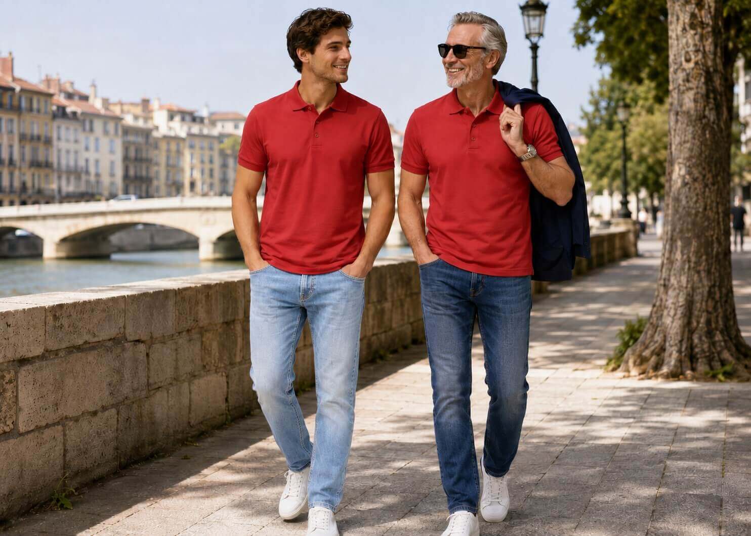 Koszulka polo męska z krótkim rękawem JHK premium 210 g na modelu, także modelu z marynarką -bawełniana,  ciepła czerwień