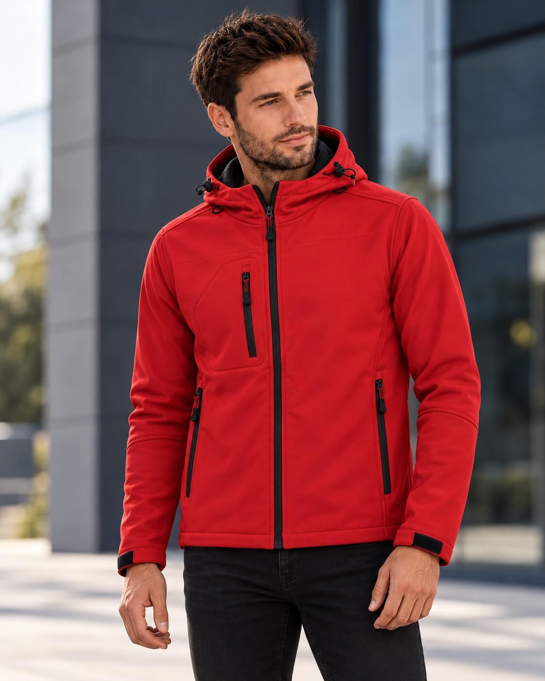 Kurtka softshell 3-warstwowa z kapturem – czerwona, na modelu