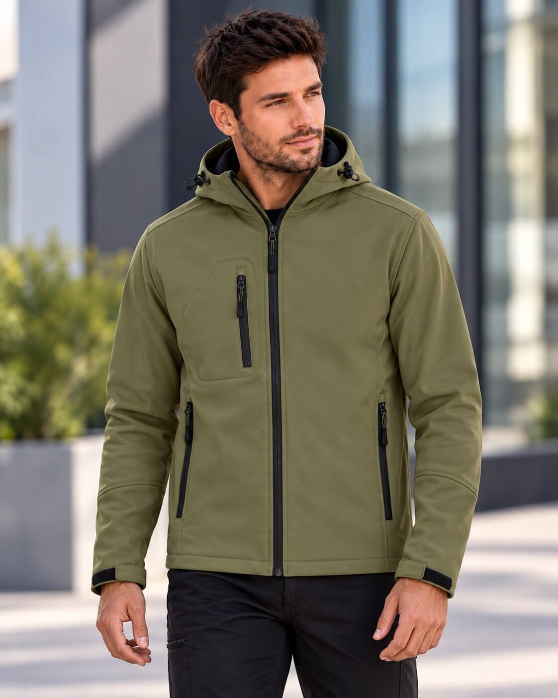 Męska kurtka softshell 3-warstwowa z kapturem – khaki, na modelu
