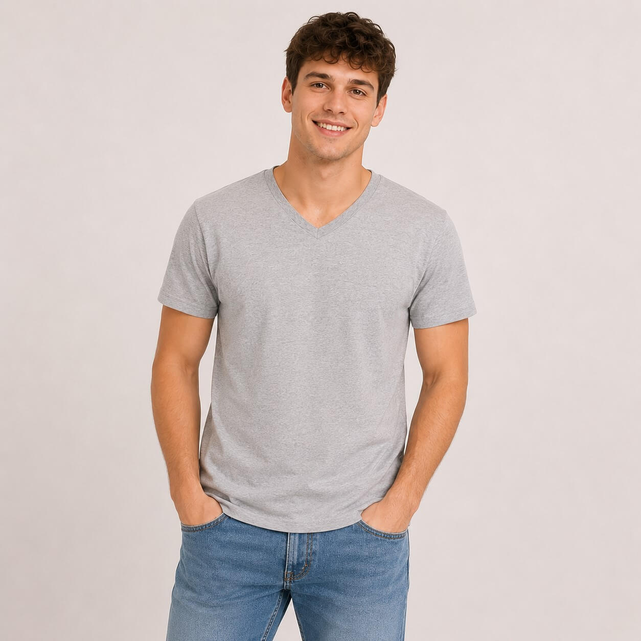 Mężczyzna w bawełnianej koszulce z krótkim rękawem V-neck JHK koloru szary melanż