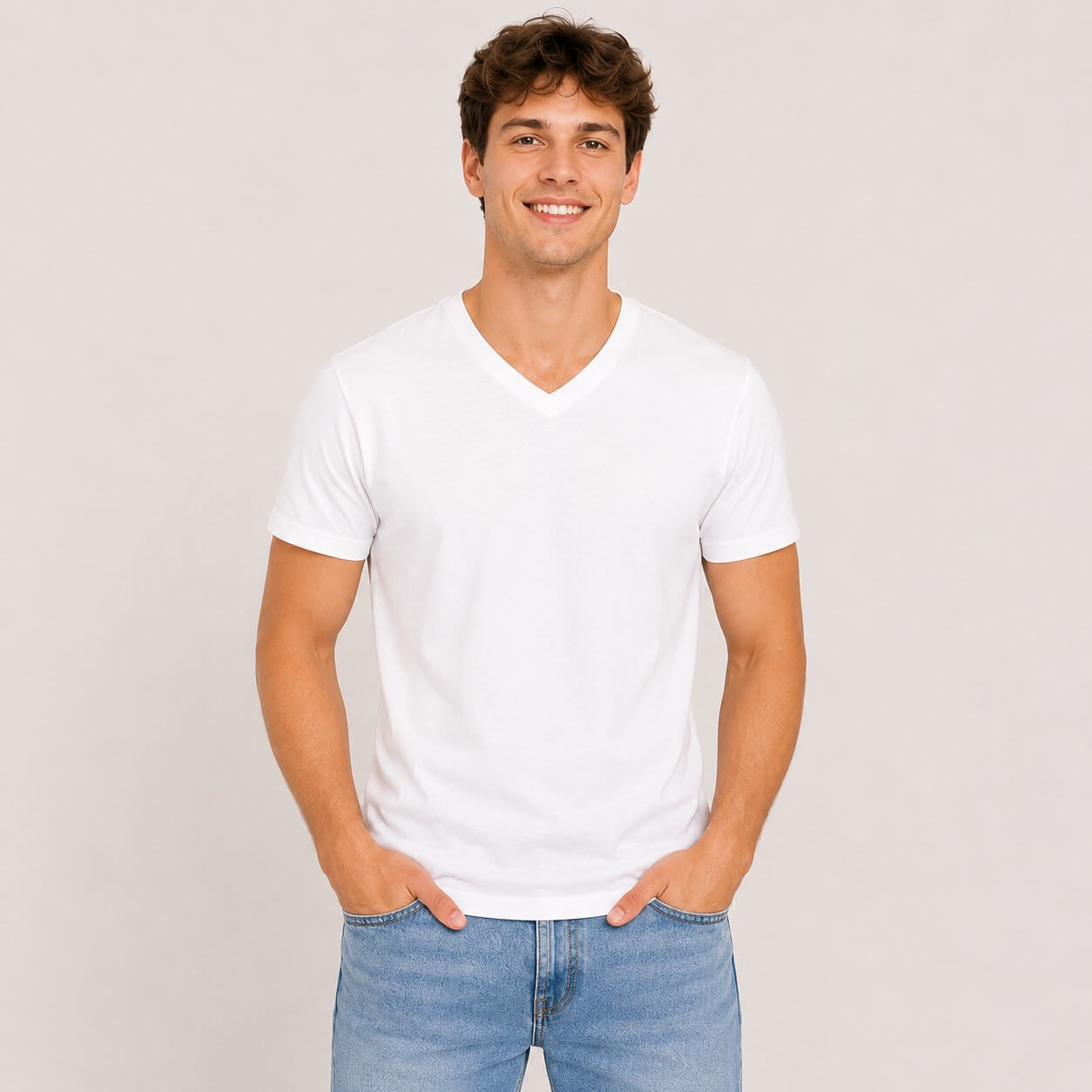 Mężczyzna w białej bawełnianej koszulce z krótkim rękawem V-neck JHK