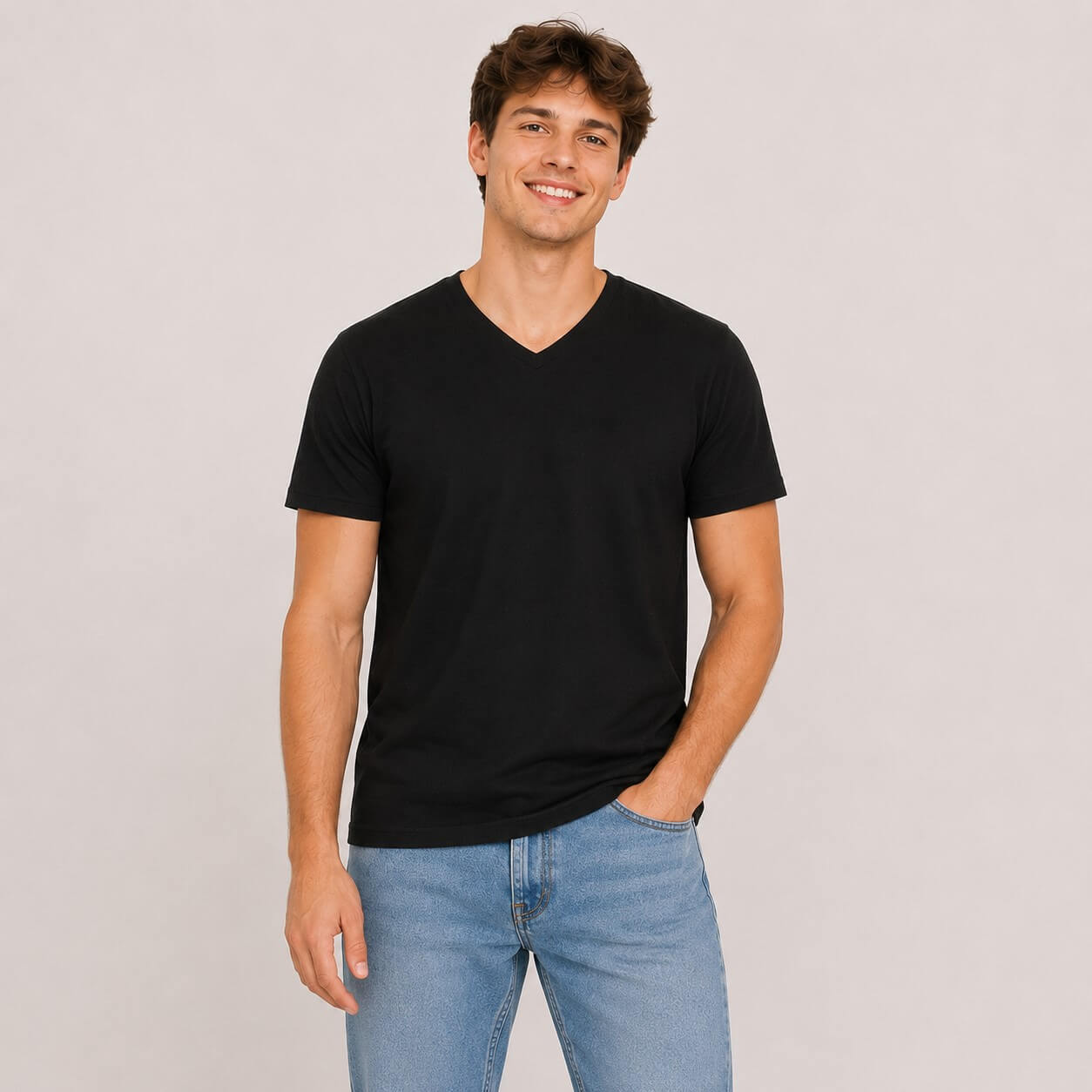 Mężczyzna w czarnej bawełnianej koszulce z krótkim rękawem V-neck JHK