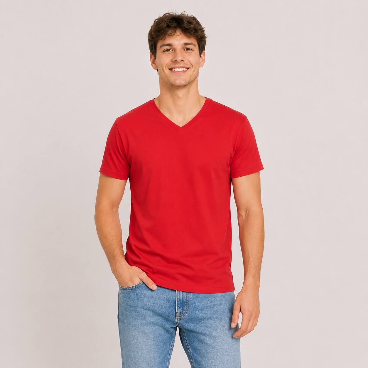 Mężczyzna w czerwonej bawełnianej koszulce z krótkim rękawem V-neck JHK