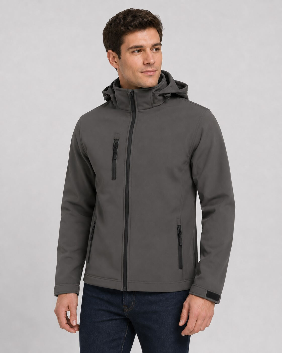 Mężczyzna w grafitowej kurtce softshell z odpinanym kapturem JHK