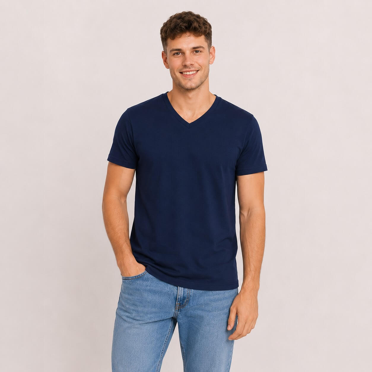 Mężczyzna w granatowej bawełnianej koszulce z krótkim rękawem V-neck JHK