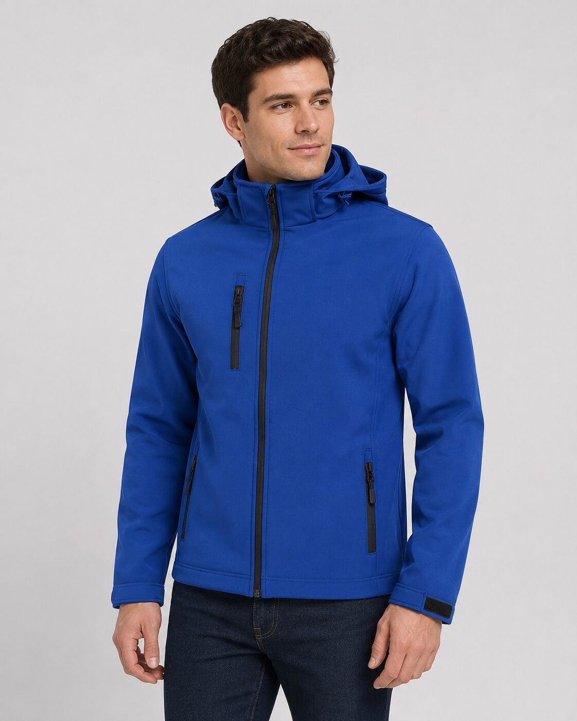 Mężczyzna w niebieskiej kurtce softshell z odpinanym kapturem JHK