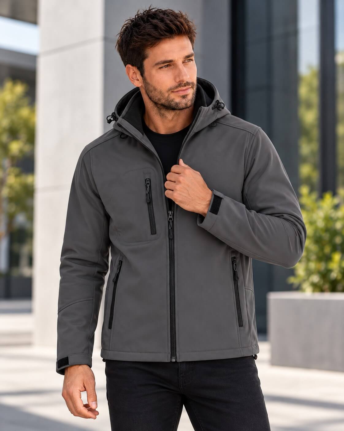 Męska kurtka softshell 3-warstwowa z kapturem – grafitowa, na modelu
