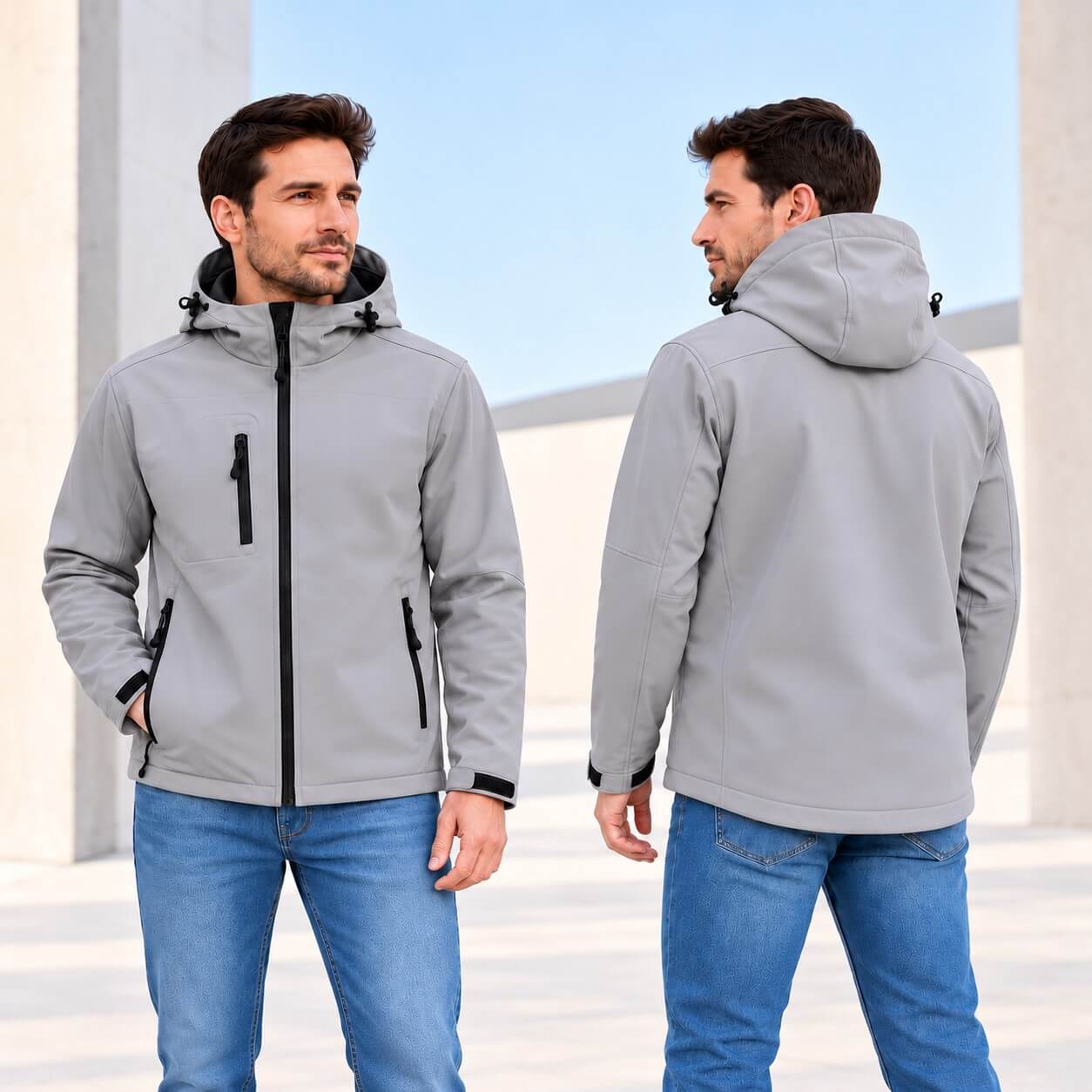 Męska kurtka softshell 3-warstwowa z kapturem – jasnoszara, na modelu z przodu i tyłu