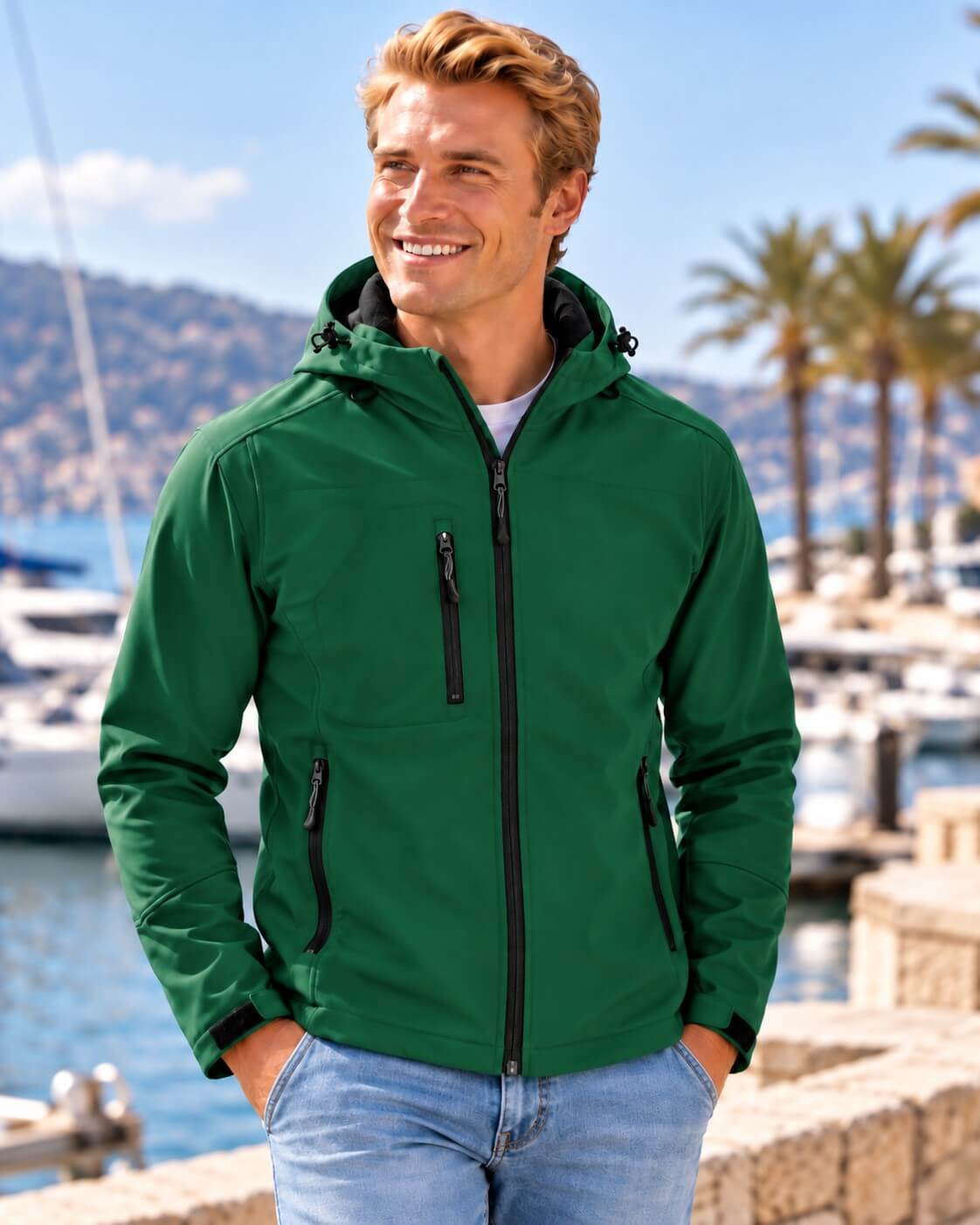 Męska kurtka softshell 3-warstwowa z kapturem – leśna zieleń, na modelu